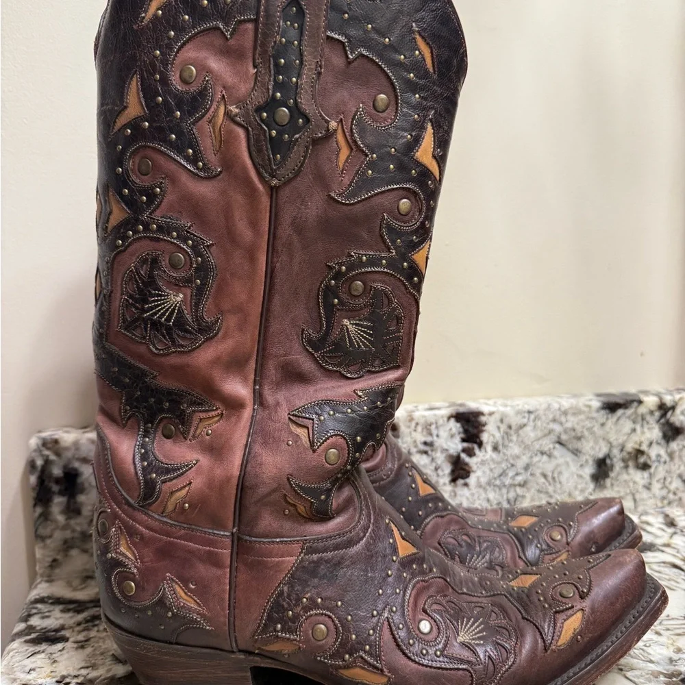 Lucchese Brown and Tan Heeled Boots - Picture 3 of 10